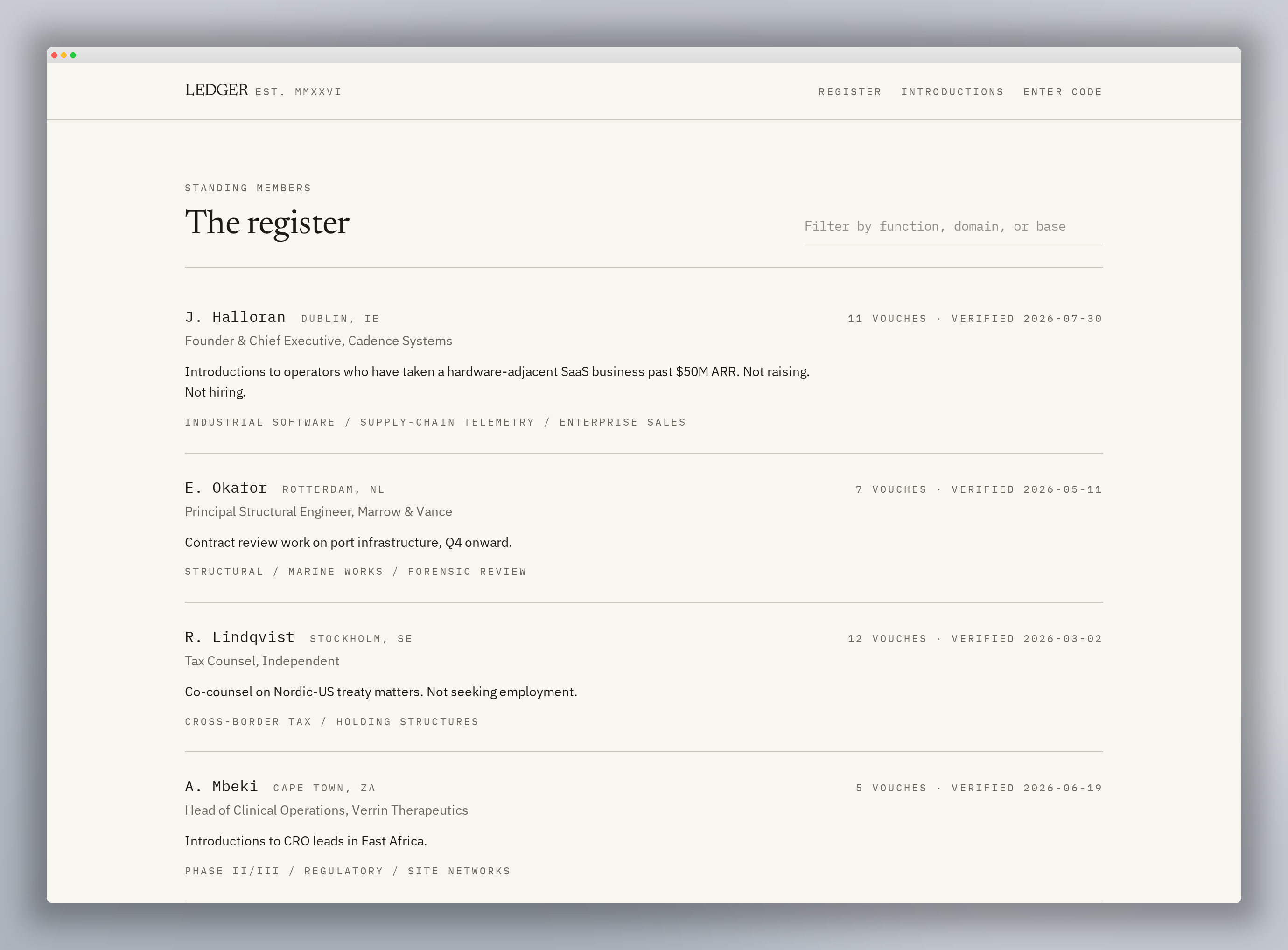 The Registry register page showing member entries with function, location, and stated purpose